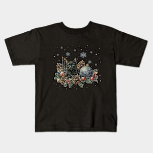 Christmas composition and Black cat, winter scene, snow, holidays, cat in snow, cat in winter, cat lovers Kids T-Shirt